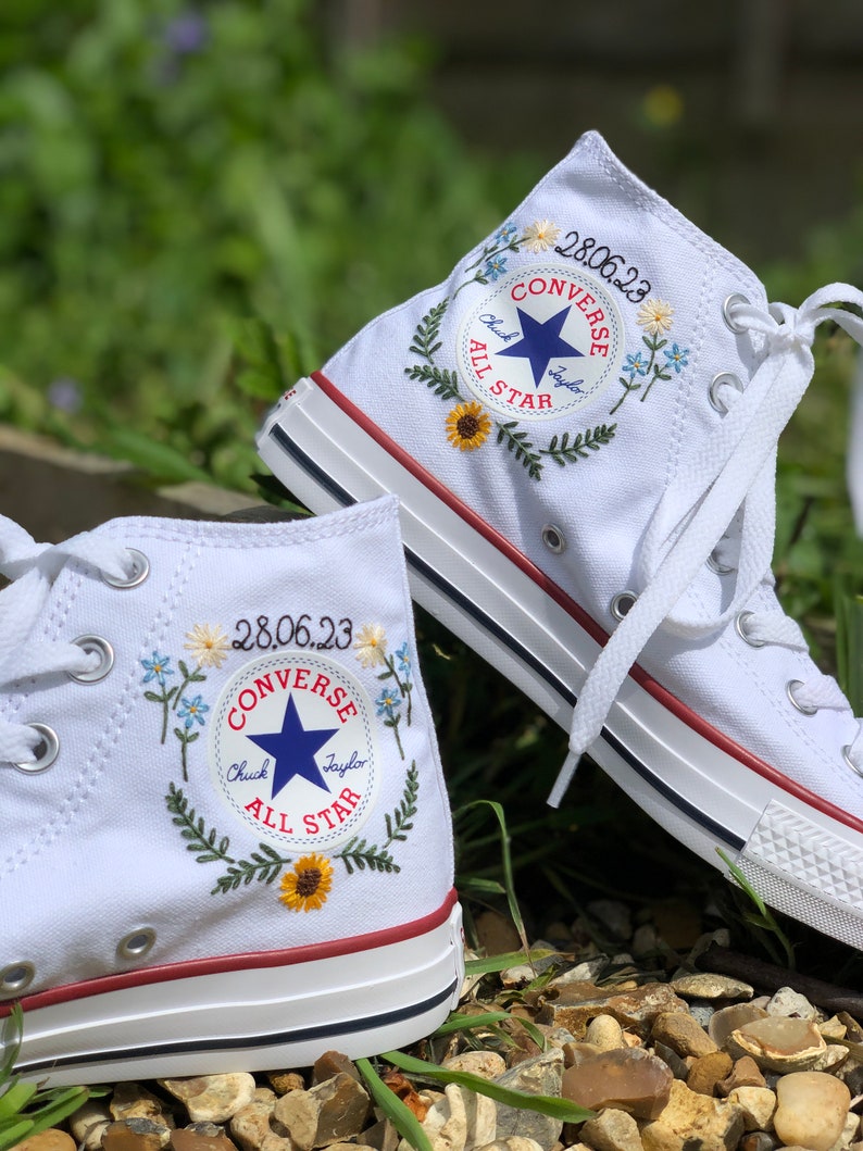 Hand Embroidered sunflower, forget me nots, daisy's, white Converse high tops image 3