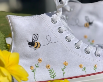 Custom hand embroidered Converse -bees and flowers