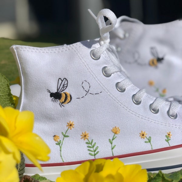 Custom hand embroidered Converse -bees and flowers