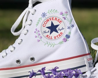 Hand embroidered  - purple florals - Chuck Taylor Converse high tops