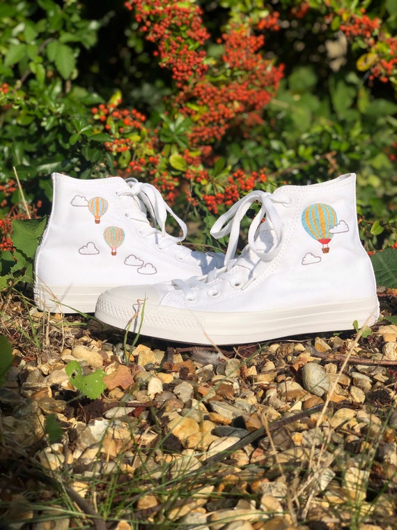 Hot Air Balloon Hand Embroidered White Monotone Converse High Tops