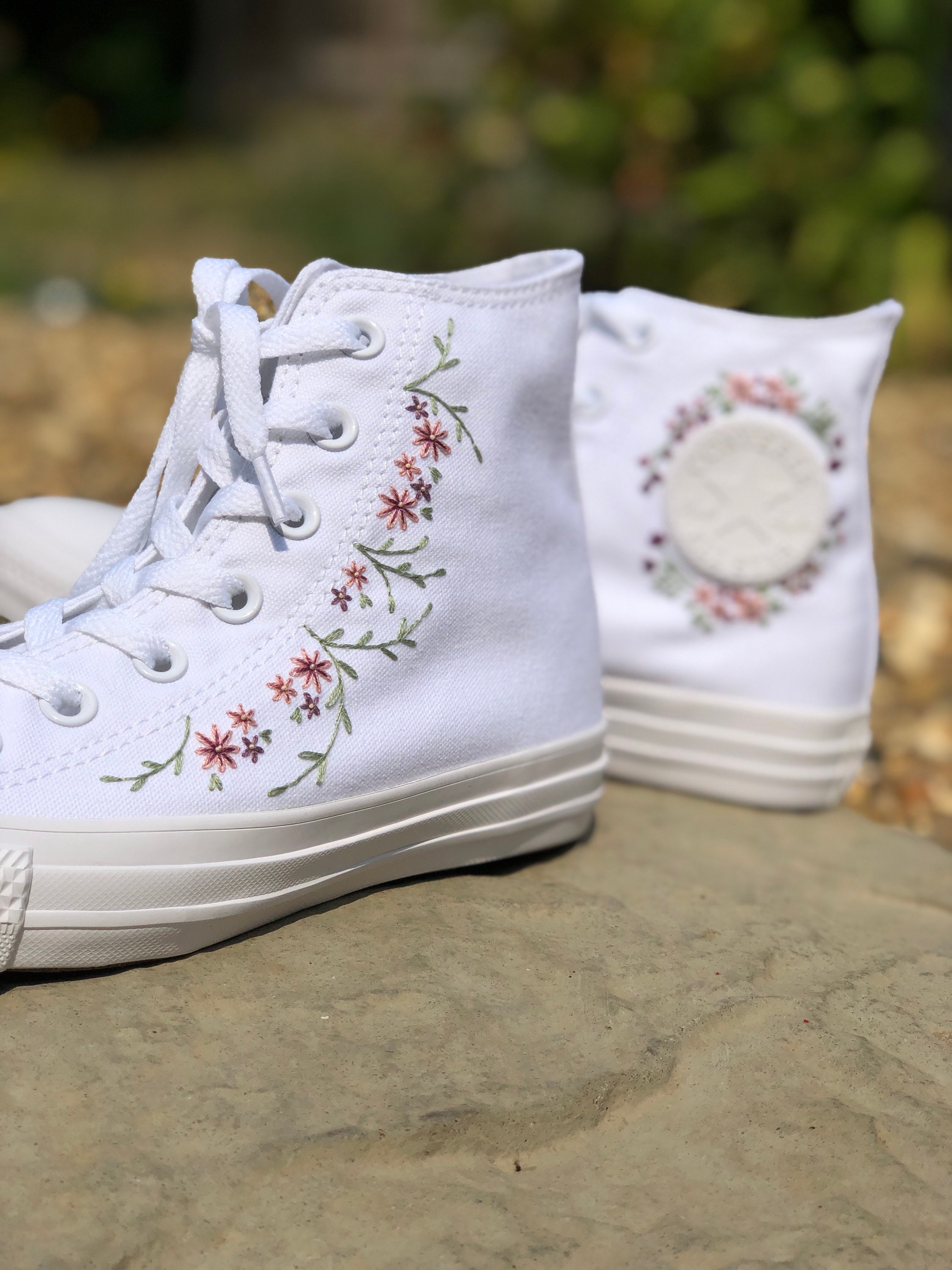 Custom Hand Embroidered Floral White Monotone Converse - Etsy