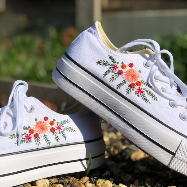 Hand embroidered autumnal floral platform Converse low top trainers