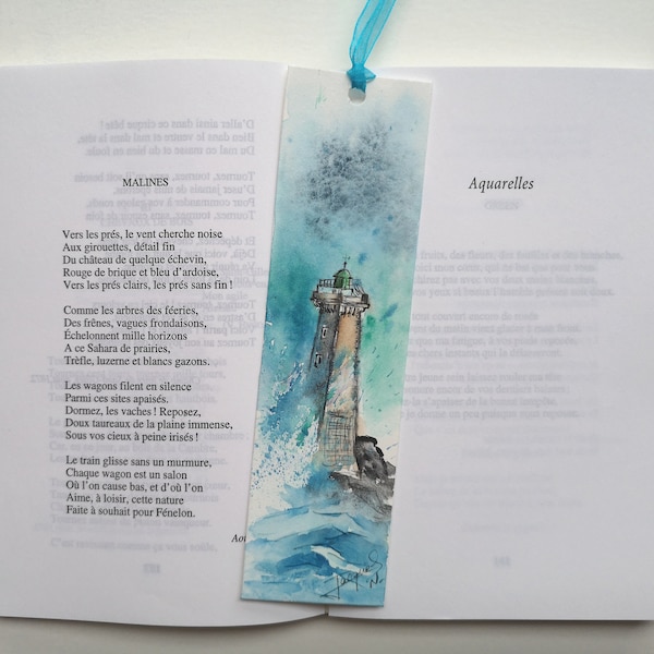 Marque page aquarelle originale d'un phare dans la tempête en Bretagne, mer et océan, vagues, peinture originale, idée petit cadeau