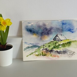 aquarelle originale format carte postale 12,5x18 cm de l’auberge du Hohneck dans le massif des Vosges en montagne