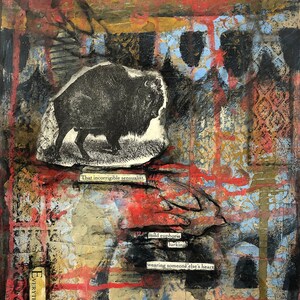 Pittura collage di tecnica mista su carta Buffalo nativo americano