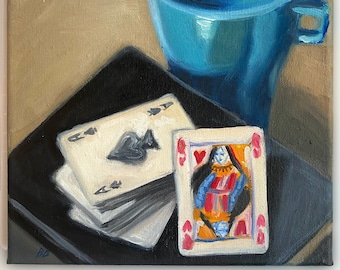 Queen of Hearts Ace of Spades Coffee Mug Original Oil Painting