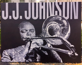 May include: Black and white painting of a man playing a trombone. The man is wearing a suit and has his eyes closed. The painting is titled "J.J. Johnson".
