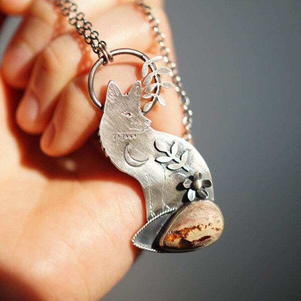 Collana Volpe in Argento 925, Opale di Fuoco Messicano, Foglioline e Fiori, Argento Ossidato, Gioielli Naturalistici Pluvial Fern