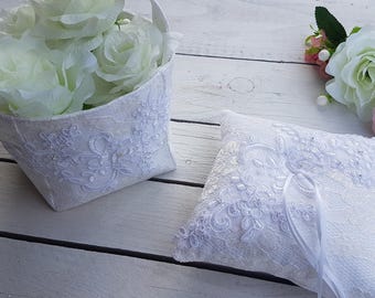 Lace ring pillow with  embelishments, white lace pilloe, lace flower girl basket, embelished ring pillow