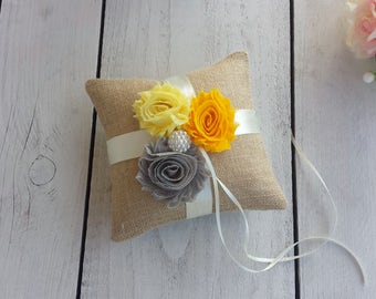 Burlap ring pillow, burlap and flowers ring pillow