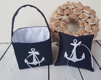 SET - Nautical flower girl basket, Navy blue flower girl basket, navy flower girl basket, nautical wedding