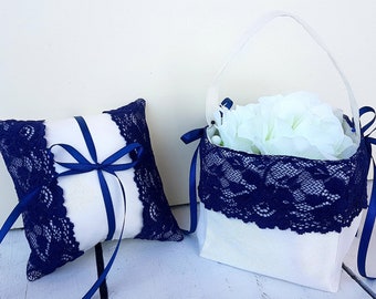 SET - Navy blue flower girl basket, blue ring bearer pillow, navy flower girl basket, nautical wedding