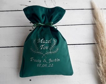 Velvet Mazel Tow bag, emerald green bag,  Mazel Tov Glass bag, smash glass pouch, gift for a Jewish couple, money bag