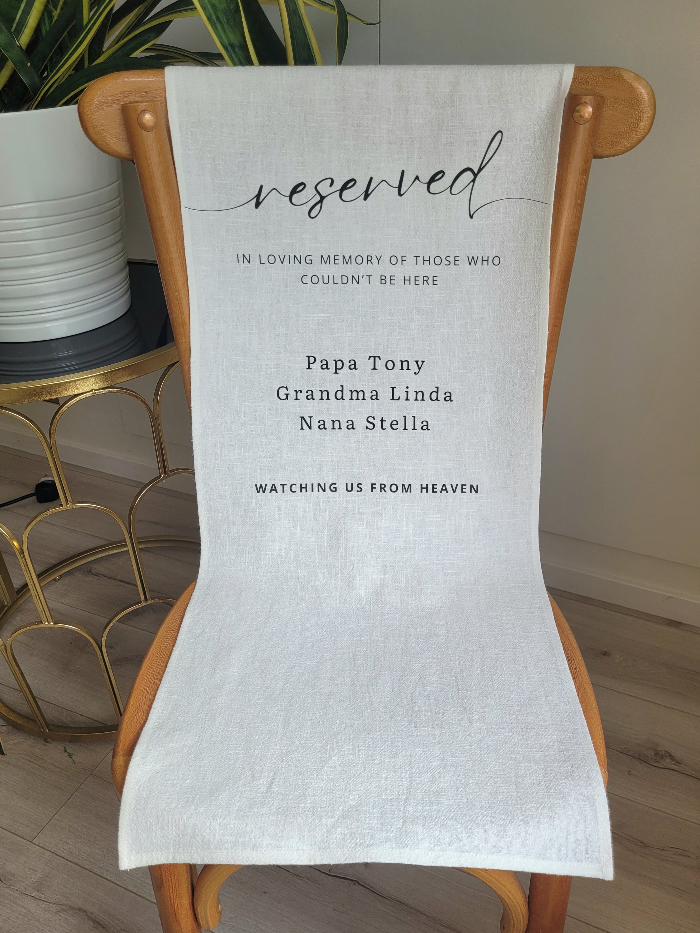 Gedenkstuhl-Banner „Reserved Memorial Chair“ Für Hochzeit - In Loving Memory Of - Leinenstoff