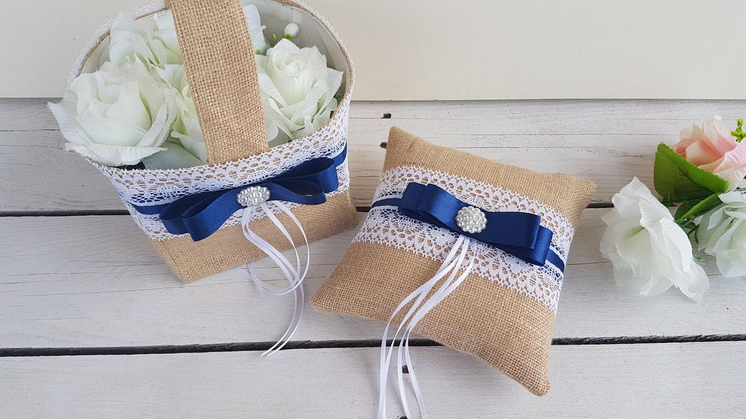 Burlap and Lace Flower Girl Basket, Ring Pillow. Vintage Inspired - Etsy