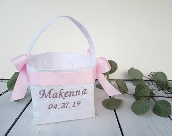 Personalized lace flower girl basket, lace flower girl basket