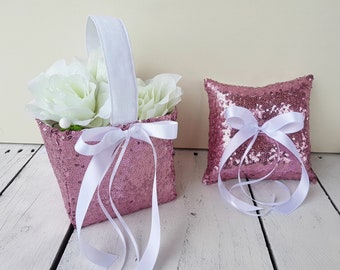 Blush pink flower girl basket, pink ring petal basket, pink sequin ring beared pillow, sequin wedding