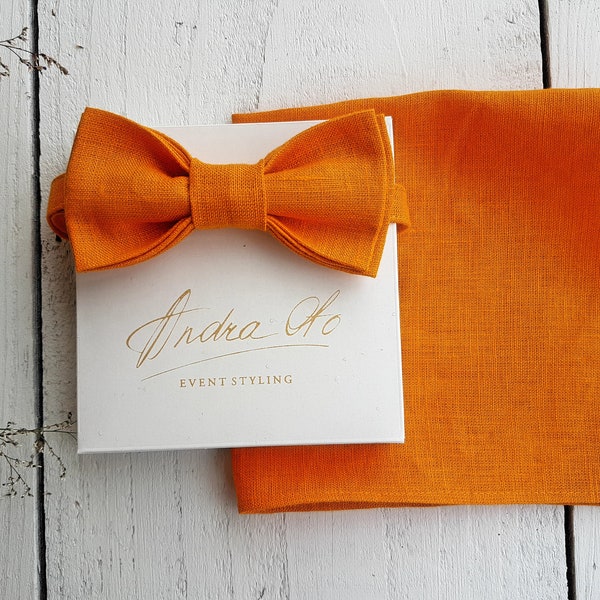 Orange bow tie, orange handkerchief, Personalized linen handkerchief, linen pocket square, pocket square, mans hankie, mans bow tie