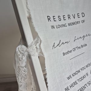RESERVED in memory -  chair sign, Memorial wedding sign, wedding fabric sign, Memorial chair sign