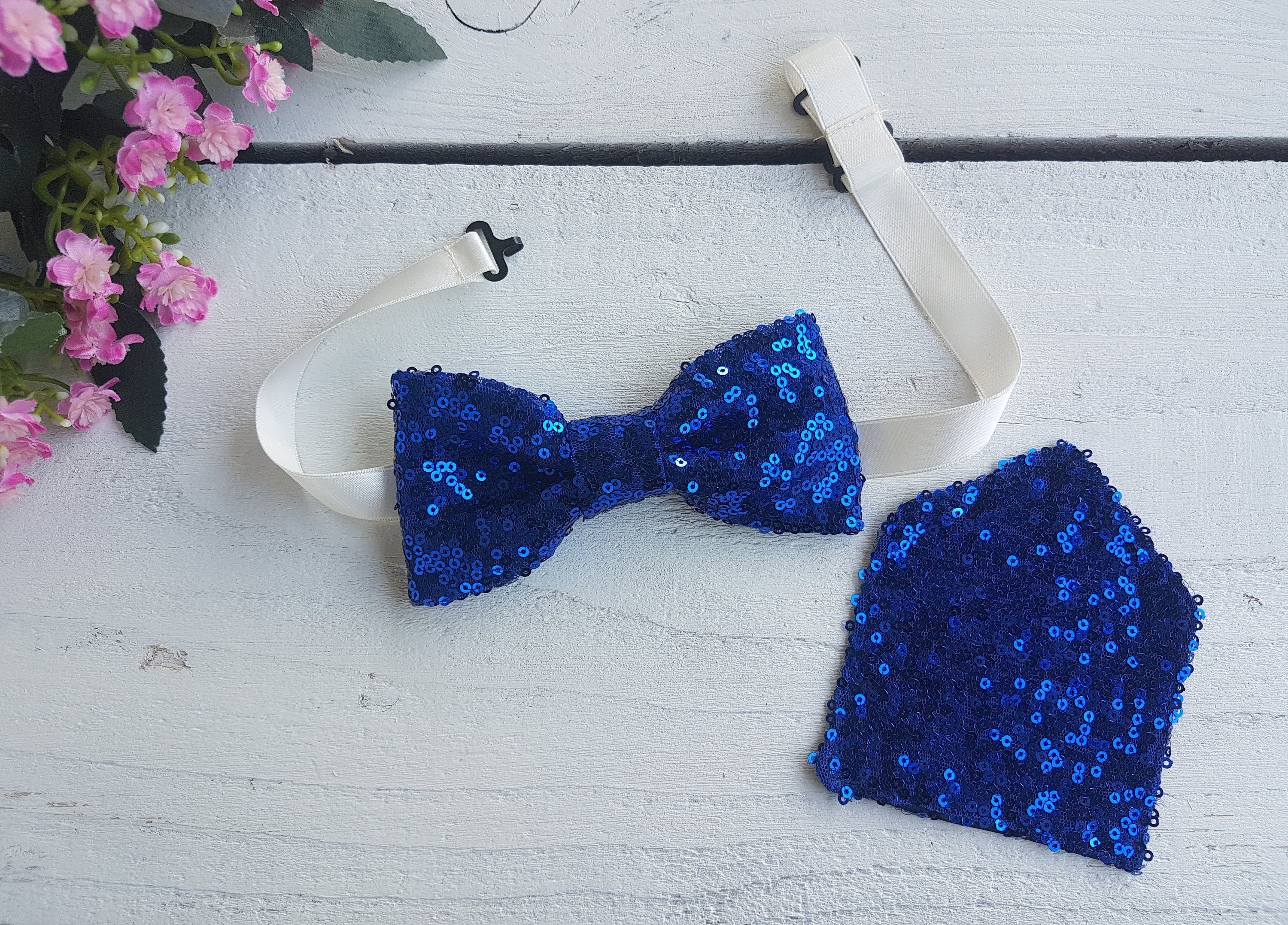 Royal blue bow tie and pocket square sequin bow tie grooms Etsy