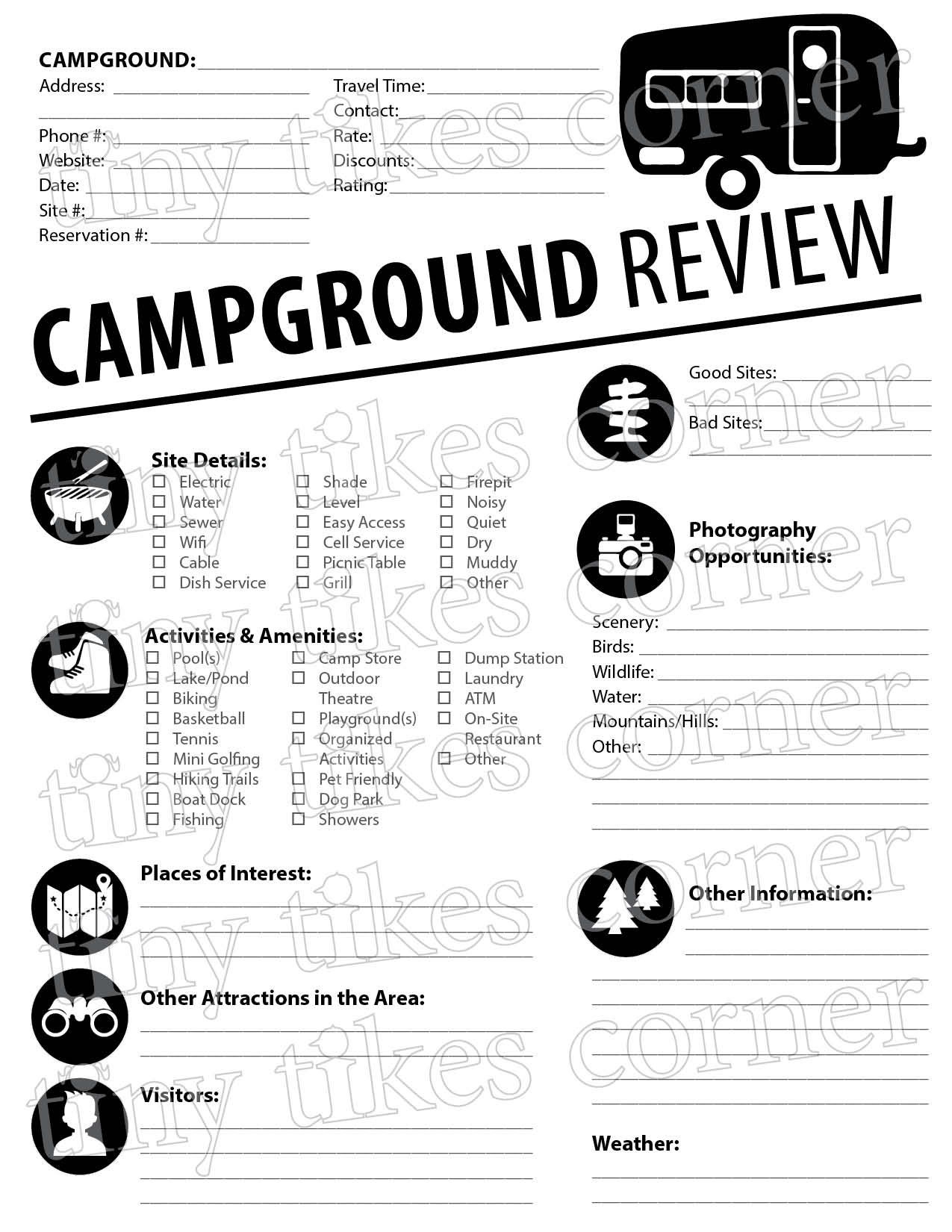 Campground Review Rating PDF Printable, RV Campground Log, Campground ...