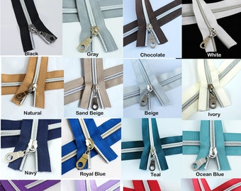 SILVER Coil Nylon Coil Zippers Kits, #5 Zipper Tape, Bag Zippers, Zippers by the yard, 3yds & 9 Pulls