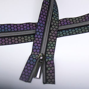 Size #5 Reflective zipper with gunmetal coil - 5 yards & 15 Regular (donut) Zipper Pulls