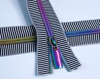 Size #5 Black Striped Zipper with Rainbow Coil