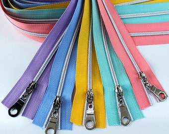 Size #3 Zipper Kit - Pastels with Silver, Zipper by the Yard with silver coil, #3 Zipper Tape, Purse Zipper Tape