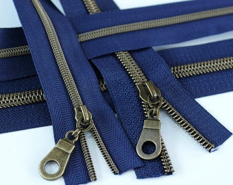 Size #3 Navy Blue Zipper with Antique Bronze Coil - 5 yards & 15 Regular (Donut) Zipper Pulls