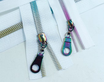 Size #3 White Zipper by the yard with rainbow coil - 5 yards & 15 Regular (Donut) Zipper Pulls