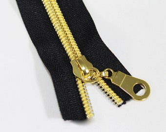 Size #5 Black Zipper by the Yard with Gold Coil - 5 yards & 15 Regular (Donut) Zipper Pulls