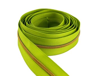 Size # 3 Apple Green Zipper with Gold Coil - 5 yards & 15 Regular (Donut) Zipper Pulls