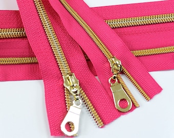 Size #5 Fuchsia  Zipper with Gold Coil - 5 yards & 15 Regular (Donut) Zipper Pulls