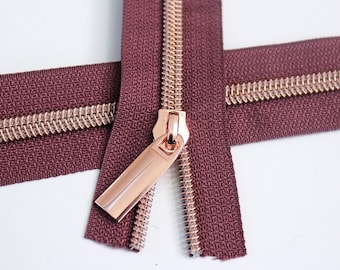 Size #5 Plum Zipper with rose gold coil - 5 yards & 15 Regular (Donut) Zipper Pulls