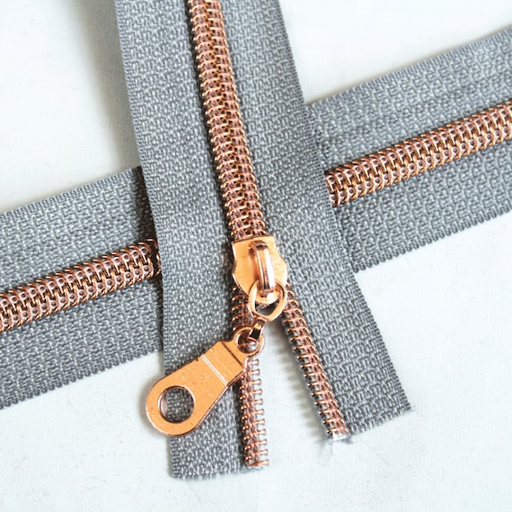 Size #5 Gray Zipper by the yard with rose gold coil - 5 yards & 15 Regular  (Donut) Zipper Pulls