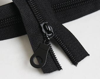 Size #5 Black Zipper with black coil - 5 yards & 15 Regular (Donut) Zipper Pulls