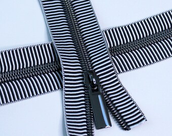Size #5 Black Striped Zipper with Gunmetal Coil