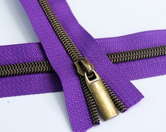 Size #5 Purple Zipper with Antique Bronze Coil - 5 yards & 15 Regular (Donut) Zipper Pulls