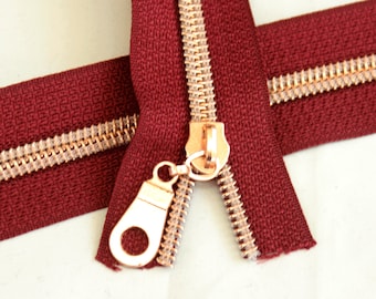 Size #5 Wine Zipper with rose gold coil - 5 yards & 15 Regular (Donut) Zipper Pulls