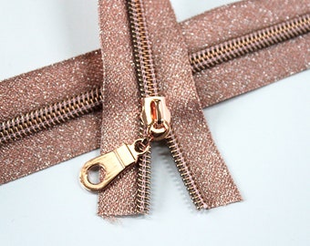 Size #5 Metallic Rose Zipper by the yard with Rose Gold coil - 3 yards & 9 Regular (Donut) Zipper Pulls