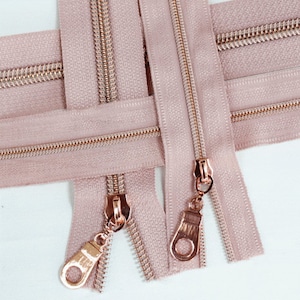 Size #5 Rose Zipper by the yard with rose gold coil - 5 yards & 15 Regular (Donut) Zipper Pulls