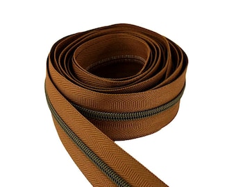 Size #3 Caramel Brown Zipper with Antique Bronze Coil - 5 yards & 15 Regular (Donut) Zipper Pulls