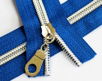 Size #5 Royal Blue Zipper with silver coil - 5 yards & 15 Regular (Donut) Zipper Pulls