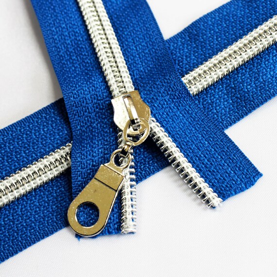 size 5 and size 3 zipper tape by the yard silver zipper teeth navy blue