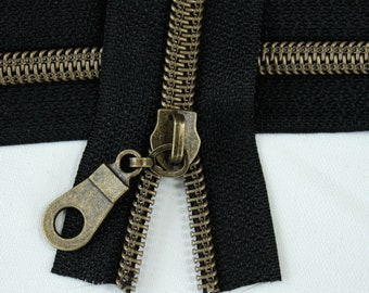 Size #5 Black Zipper with Antique Bronze Coil - 5 yards & 15 Regular (Donut) Zipper Pulls