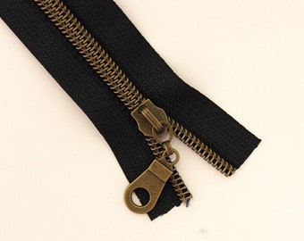 Size #5 Dark Navy Blue Zipper with Antique Bronze Coil - 5 yards & 15 Regular (Donut) Zipper Pulls