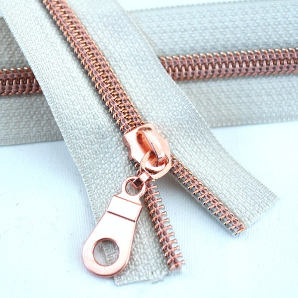 Size #5 Beige Zipper by the yard with rose gold coil - 5 yards & 15 Regular (Donut) Zipper Pulls