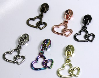 Size #5 Double Heart Zipper Pulls for Nylon Coil Zippers, Purse Zipper Pulls, Nylon Zipper Pulls